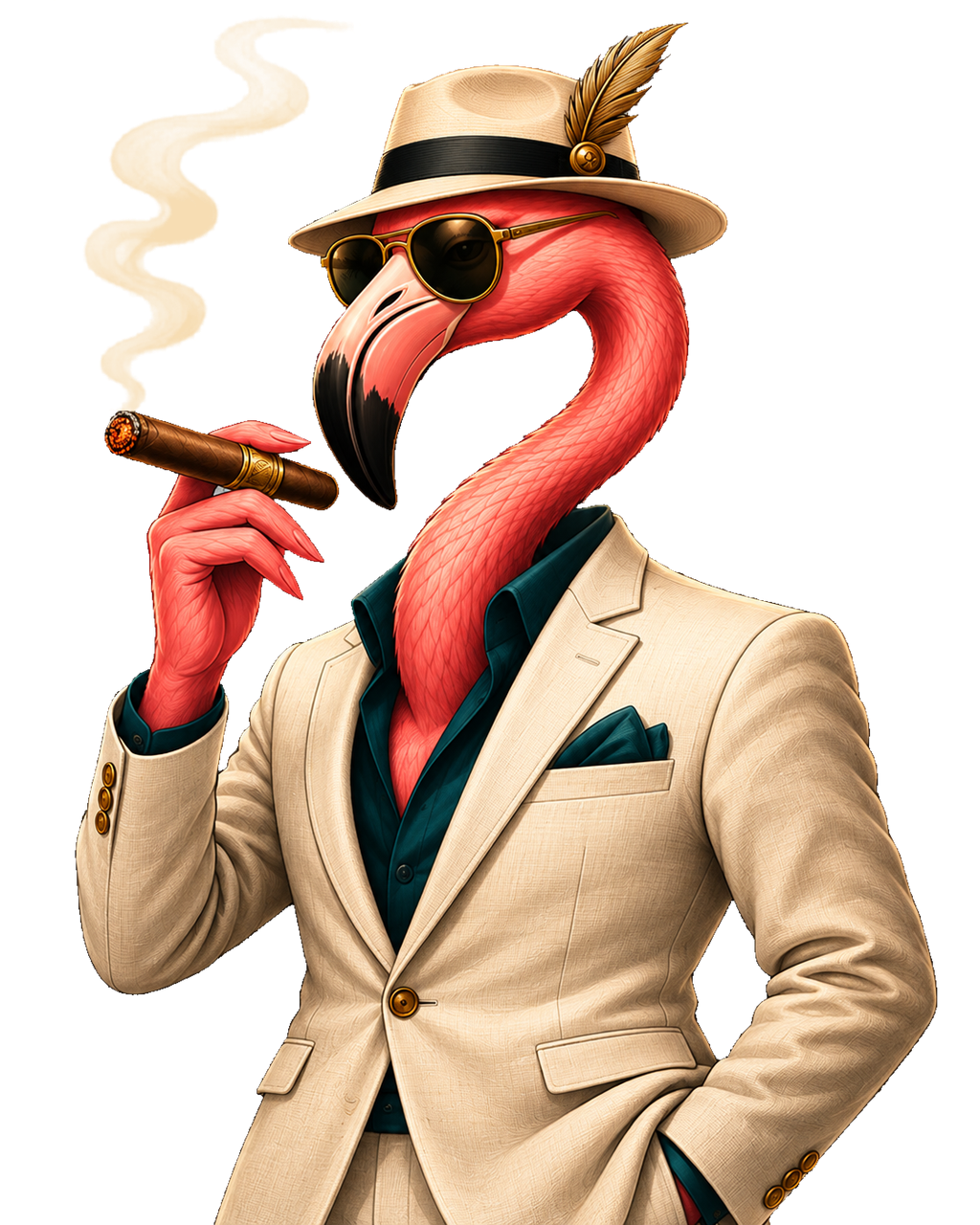 The Cigar HQ flamingo, in a cream suit, with a cigar